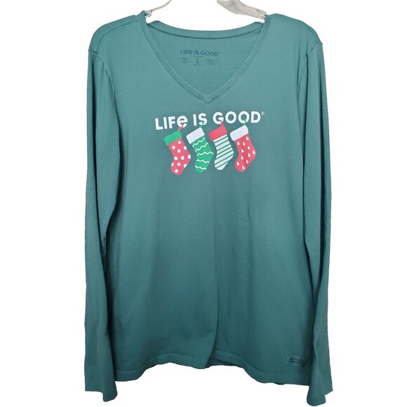 Life is Good Green V-Neck Christmas Stocking Long Sleeve Women's Crusher Tee LGE - Picture 1 of 6